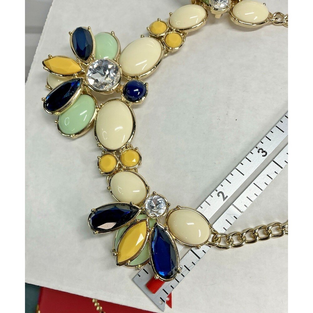 Goldtone Bee Blue Yellow Cream Green Acrylic Insets Talbots Statement Necklace - Picture 10 of 14